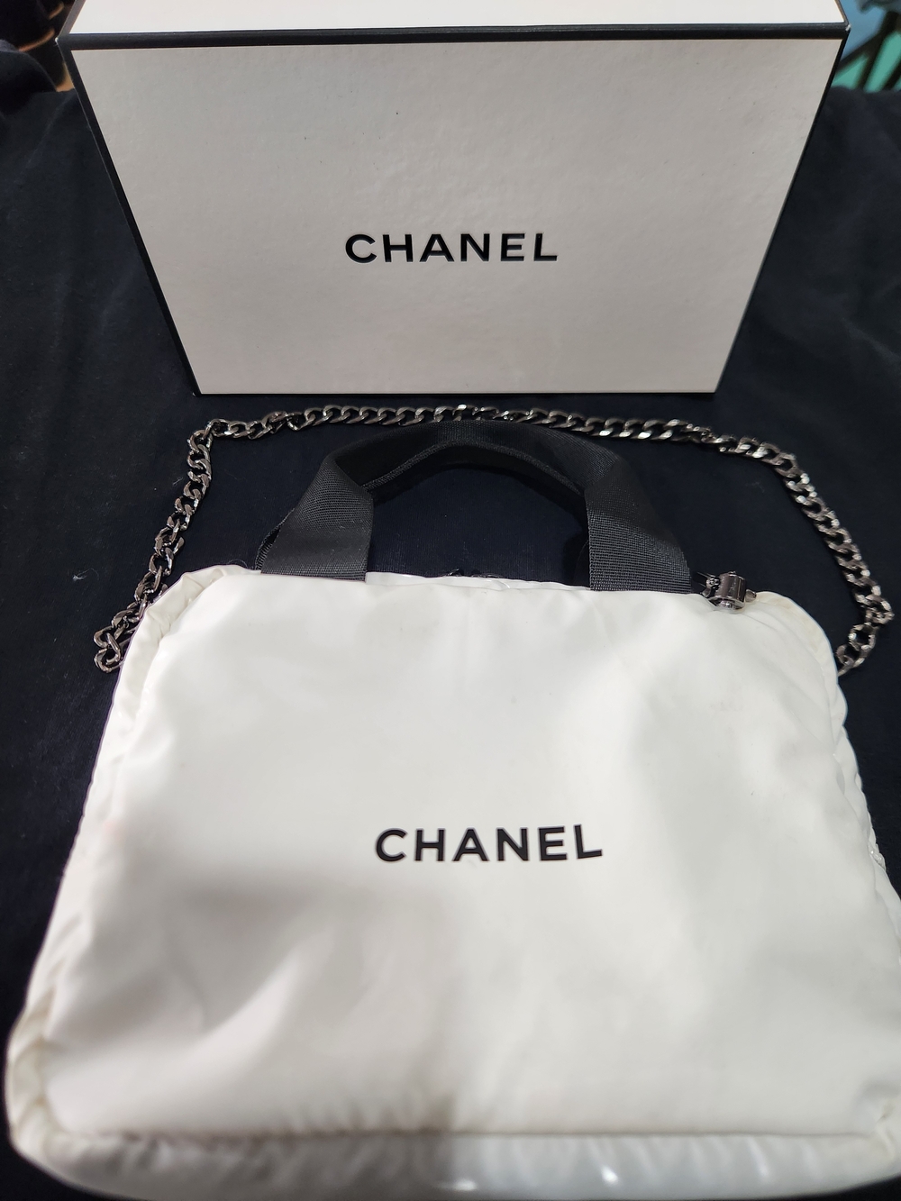 Chanel White Nylon Logo Tote with Chain Strap